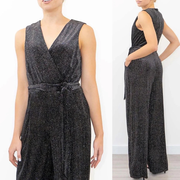 Anthropologie Greylin Black Shimmer Glitter Plunge Neck Wide Leg Jumpsuit Small - Picture 4 of 12